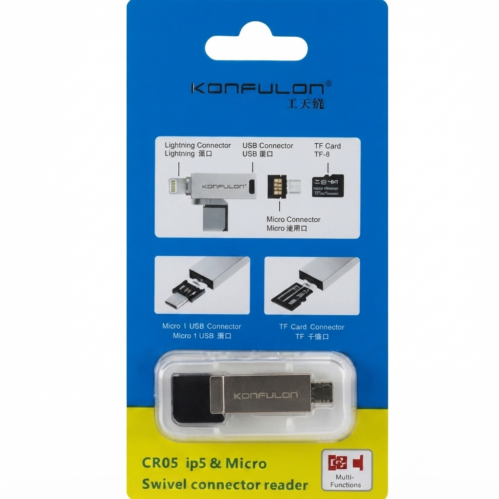 کارت‌خوان چندکاره با برند KONFULON مدل CR05 است که برای iPhone 5 و دستگاه‌های دارای پورت Micro USB